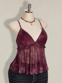 SHEIN ICON Plus Size Women Plant Print Ruffle Hem Camisole Tank Top For Holiday,Rave Top - Purple - View 7