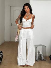 Coolane Trang phục mùa hè dành cho nữ, thích hợp đi xem hòa nhạc, đi biển, phong cách boho cơ bản tối giản, quần trắng 100% cotton đã giặt, ống quần cong. - trắng - Xem 5