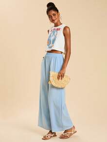 Travachic Women's Ocean Pattern Tank Top & Wide Leg Pants 2 Pieces Set,Light Blue And White Bohemian Print,Summer Casual Beach Holiday Vacation Outfits Coords - Multicolor - View 1