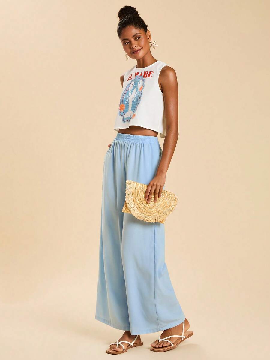 Travachic Women's Ocean Pattern Tank Top & Wide Leg Pants 2 Pieces Set,Light Blue And White Bohemian Print,Summer Casual Beach Holiday Vacation Outfits Coords - Multicolor - View 1