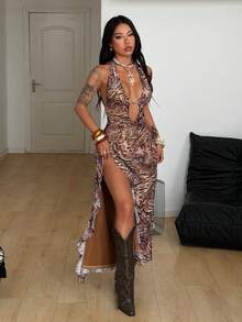 Coolane Women's Summer Hippie Vacation Outfits Backless Ruffle All-Over Leopard Print Hollow Out Backless Sexy Sleeveless Bodysuit Long Dress - Multicolor - View 5