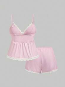 Kawaii Plus Size Sweet & Cute Doll Style Ribbed Lace Camisole & Shorts Pajama Set - Pink - View 2