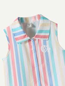 SHEIN 少女Polo领纽扣无袖开衫，彩色条纹印花，可爱甜美清新休闲套装，波浪纹面料，美式学院风图案，适合居家、通勤、户外、旅行、日常穿着，夏季新品套装 - 彩色 - 查看 4