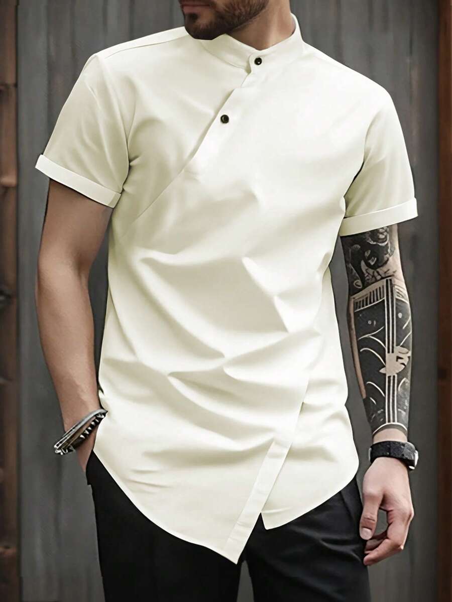 Manfinity Homme Men's Simple Off-White Button Asymmetric Hem Short Sleeve Shirt, Summer Vacation Casual Elegant - White - View 1
