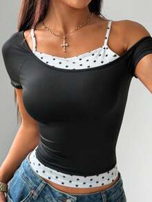 SHEIN EZwear 女士波点印花不对称领插肩袖修身时尚T恤 - 黑與白 - 查看 7