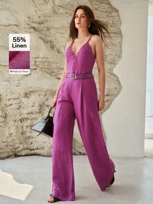 MOTF PREMIUM WOMEN'S LINEN LONG WIDE-LEG BELTED PANTS, SPRING/SUMMER - Hot Pink - View 4