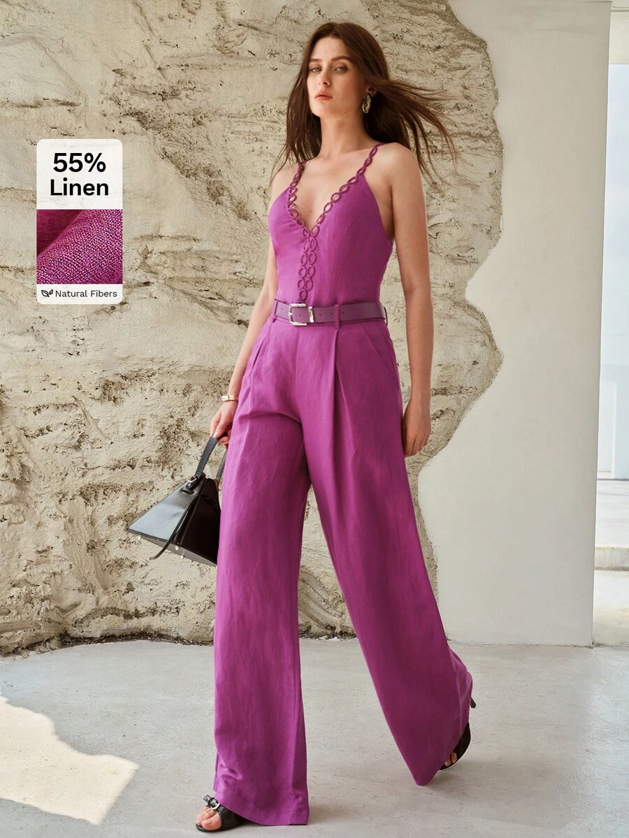 MOTF PREMIUM 女士亚麻长款阔腿系带裤，春夏款 - 玫紅色 - 查看 1