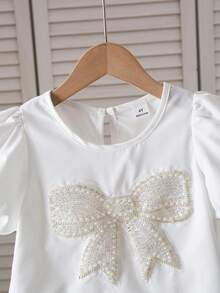 Elladie kids Young Girl Bow Decor Round Neck Short Sleeve Blouse - White - View 6