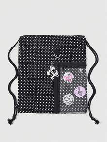 ROMWE Anime Mochila de ocio multifuncional de gran capacidad con bolsillo con cremallera transparente, colgante con nota musical y diseño de puntos negros, adecuada para la escuela, el trabajo, los viajes y salir - Nota negra - Ver 3
