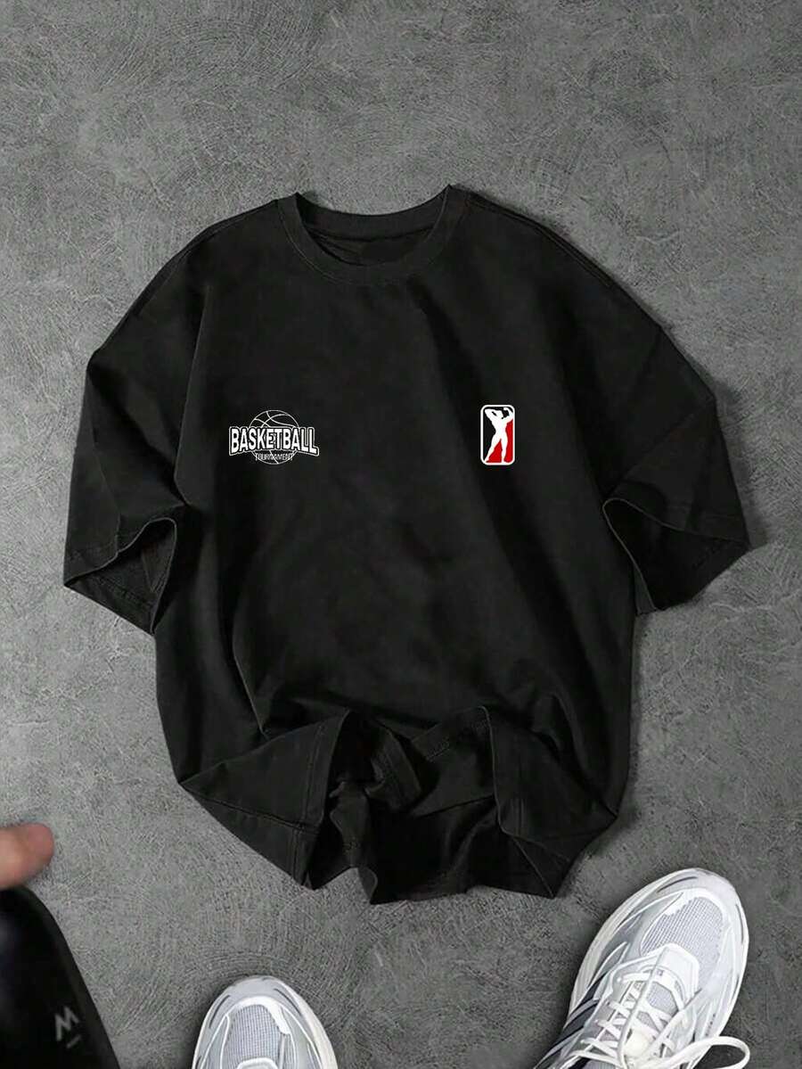 Sport MetroGents 男士字母印花黑色圆领短袖运动T恤 - 黑色 - 查看 1