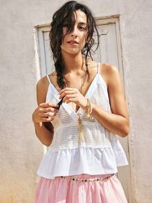SoleilVie Damen weißes Sommer Boho Urlaub Feiertag Baumwolle Trägertop, Ananas Textur Patchwork Rüschen Saum Lässig Süß Strand Top - Beige - Übersicht 6