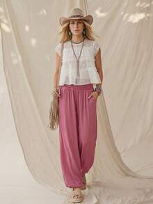 Wildy BOHO Boho Chic Casual Western Country Pink Drawstring Women Summer Daily Vacation Basic Outfit Commute Pocket Lantern Pants Boho Chic Women's Clothing Boho Chic Women's Clothing Music Festival Outfits Outfits Outfit For Women Holiday Outfits Women Outfits Casual Pant For Women Wide Leg Pants For Women Boho Pants High Waist Pants Women Bubble Pants For Women - Coral Red - View 4