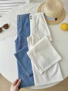 SHEIN 2pcs/Set Girls' Pink & White Loose Fit Denim Pants - Multicolor - View 5