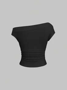 Sweetra 女士休闲印花不对称肩部上衣 - 紅色 - 查看 2