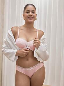 Bralution 2件套女士优雅撞色蕾丝拼接内衣套装 - 粉色 - 查看 1