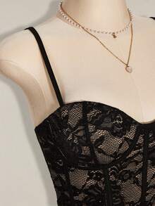 SHEIN ICON 女士花卉蕾丝性感吊带连体衣 - 黑色 - 查看 7