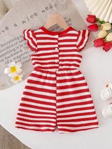 SHEIN Playful Pals Bộ áo liền quần kẻ sọc hoa văn kiểu dáng thường ngày cho bé gái, mùa xuân/hè. - Đỏ - Xem 2