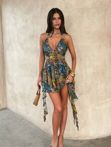 Opulessa Spring & Summer Vacation Knitted Mesh Printed Ruffle Trim Halter Neck Mini Dress For Women - Multicolor - View 3