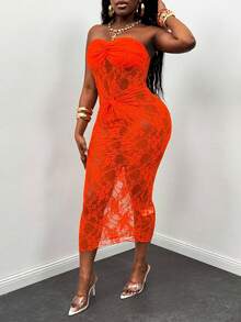 Glyssa Sexy Solid Color Lace Twist Bodycon Tube Dress, Summer - Orange - View 6