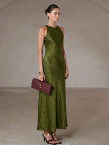 Aveloria Modichic 简约优雅不对称斜裁双面缎面醋酸纤维面料A字无袖连衣裙（女款） - 橄欖綠 - 查看 2