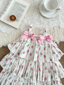 SHEIN Vintaside Kids Baby Girl Fashion Cute Sleeveless Pleated Cake Skirt, Summer Gradient Color Sling Design, Suitable For Party Vacation - Pink - View 7