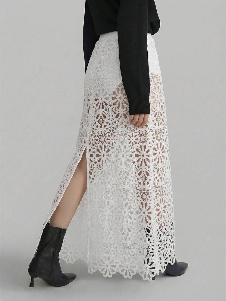2026 Spring/Summer Hollow-Out Laser Cut Fabric Loose Fit Women's Skirt, Elegant For Parties, High-End Sophisticated Urban Casual Business Commute Attire, Low-Key Vintage Vibe, High-Quality Airport Fashion, Versatile Layering, Suitable For Holidays, Christmas, Parties, Beaches, Offices