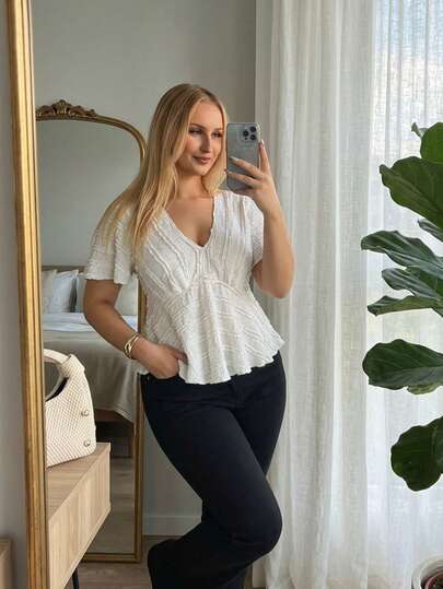 Auralis Áo thun tay ngắn cỡ lớn, cổ chữ V, xếp ly eo, viền bèo nhún, chất liệu dệt kim, thích hợp cho kỳ nghỉ hoặc đi biển.