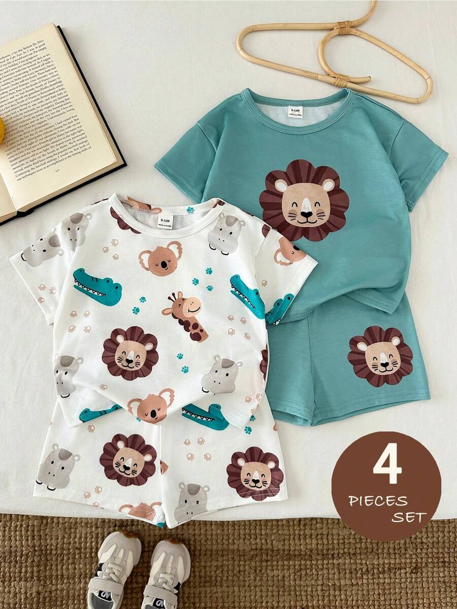 LMoss Kids 4件套男婴可爱动物印花休闲T恤和短裤家居服套装 - 彩色 - 查看 1