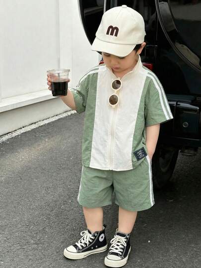 SHEIN 2pcs/Set Toddler Boys' Casual Stylish Color Block Short Sleeve Shirt Jacket And Shorts Set, Spring/Summer Baby Boy Streetwear Outfit