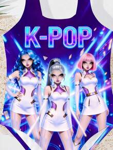 SHEIN 卡通少女头像，亮紫色，K-Pop 超级明星，卡通女团泳装印花图案，适合夏季的连体泳衣 - 彩色 - 查看 3