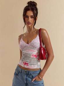 Gossip Girl X SHEIN SHEIN BAE 女士印花吊带衫 - 粉色 - 查看 6