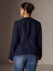 Juhart 大码女式花卉圆领全扣金属按扣修身优雅西装外套 - 藏蓝色 - 查看 2