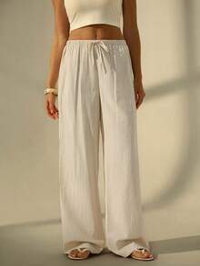 SHEIN Tall Quần ống rộng dáng suông kẻ sọc bằng cotton, cạp chun, thích hợp cho nữ đi làm hàng ngày và đi nghỉ mát, du lịch, phong cách thường ngày, Y2K, mùa hè, xuân, ngày Valentine. - Màu be - Xem 3