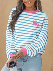 Wildy Áo sweatshirt nữ dáng rộng, cổ tròn, tay dài, họa tiết tối giản, màu xanh trắng kẻ sọc, phong cách thường ngày. - Nhiều màu - Xem 6