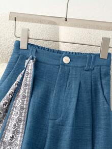 GlowEve Navy Blue High-Waisted Elastic Ruched Pockets Wide Leg Pants, Featuring Elegant Printed Ribbon Decor, Versatile For Casual, Formal, Party, Holiday Occasions In Spring/Summer - Medium Wash - View 4