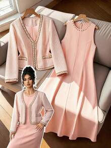 GlowEve CURVE Bộ đồ 2 món dành cho nữ cỡ lớn: Áo khoác cardigan dài tay cổ chữ V màu đen phối ngọc trai tương phản thanh lịch và váy maxi cổ tròn đính ngọc trai, phù hợp cho mùa thu/đông, đi làm và các dịp đặc biệt. - Màu Cam san hô - Xem 1