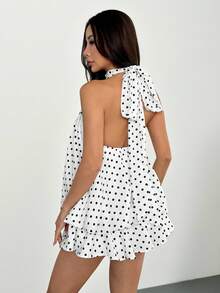 SHEIN PETITE Váy ngắn hở lưng họa tiết chấm bi thanh lịch dành cho nữ - trắng - Xem 2