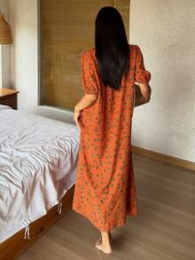 DAZY 印花宽松短袖连衣裙，女士夏季睡衣 - 珊瑚橙 - 查看 2