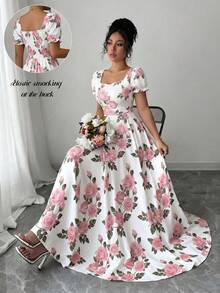 SHEIN Elenzya 女士花卉玫瑰印花方领A字泡泡袖优雅日常/度假/通勤时尚情人节约会法式街头复古百搭派对白色底红色玫瑰印花早春/春夏短袖中长连衣裙 - 粉色 - 查看 10