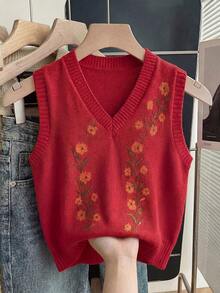 SHEIN LUNE 2025春夏新款叠层设计复古印花V领女士针织背心 - 紅色 - 查看 6