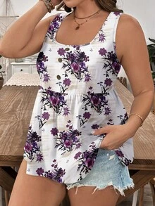 SHEIN LUNE 大尺碼女款花卉印花背心，適合夏季度假、約會、音樂節 - 彩色 - 查看 3