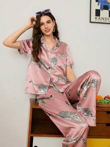 Chillnights 年轻豹纹撞色开衫女式睡衣套装 - 淺粉色 - 查看 4