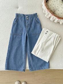 SHEIN 2pcs/Set Girls' Pink & White Loose Fit Denim Pants - Multicolor - View 7