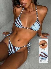 Aloruh 女士春夏新款泳衣，优雅性感热带雨林斑马纹串珠装饰波西米亚风迷你三角上衣和系带泳裤，沙滩度假套装 - 藍色 - 查看 1