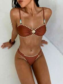 Swim Chiccia 2pcs/Set Women's Tankini Swimsuit, Caramel & Burgundy Color, Shell Decor Beaded Embroidered Trim, Adjustable Strap, Vintage , Suitable For Swimming, Beach, Pool Party - Rust Brown - View 5