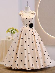 Vestido de lunares con cuello en V y sin mangas con decoración floral 3D, vestidos elegantes de primavera para mujeres, vestidos de lunares para mujer - Albaricoque - Ver 4
