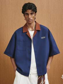 TOKVUE 男士撞色字母印花单排扣休闲短袖衬衫 - 藏蓝色 - 查看 3