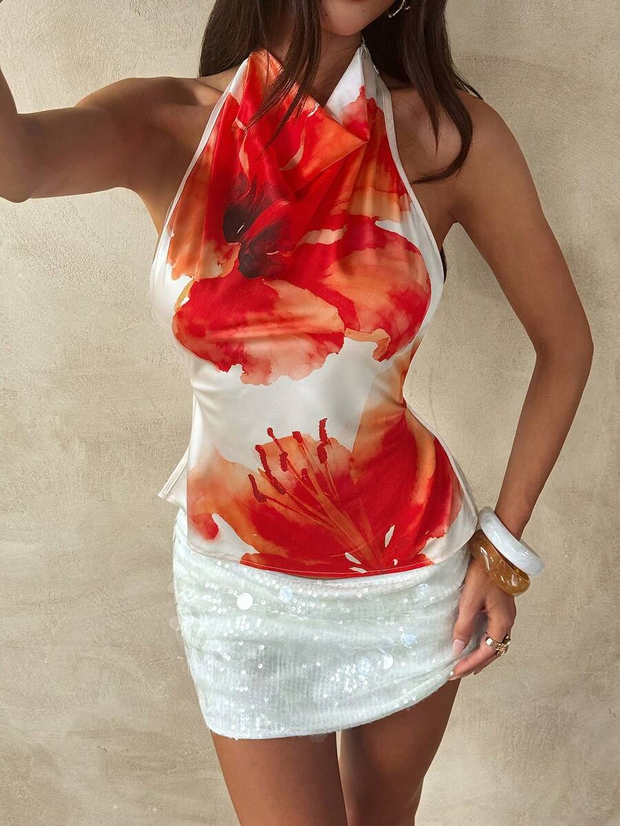 Opulessa Women's Halter Neck Backless Printed Chiffon Blouse, Suitable For Spring/Summer Vacation - Orange - View 1