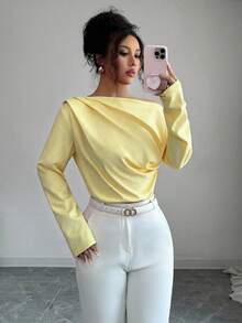 Elenzga Women's New Autumn Ruched Asymmetrical Shoulder Long Sleeve Blouse - Light Yellow - View 7