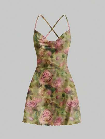 ROMWE Fairycore 优雅浪漫春季花园海滩度假低胸露背吊带性感度假连衣裙（女款）